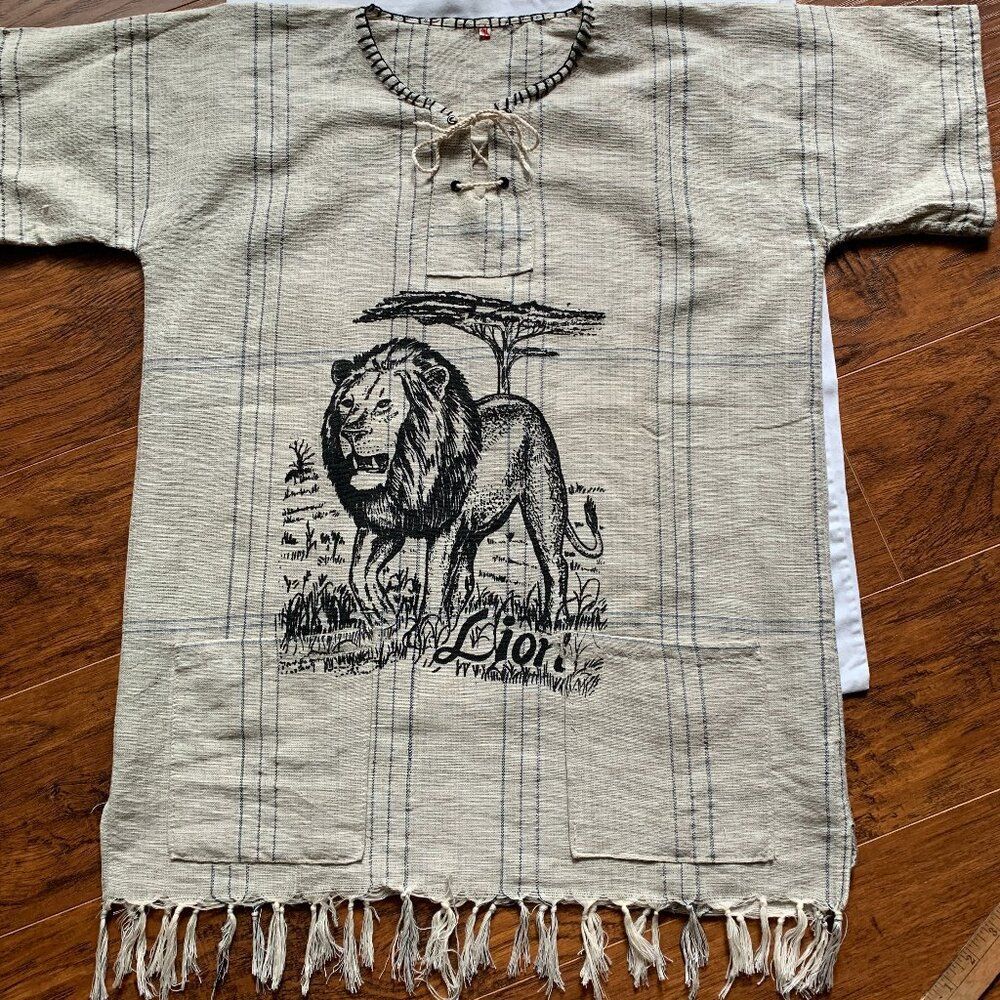 VNTG Shirt Women M Men S Lion Wearable Art Boho Retro African Tassel Animalprint - Picture 1 of 9